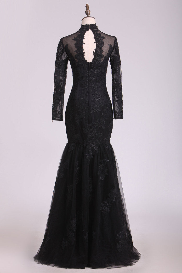 2022 Mermaid Prom Dresses High Neck Long Sleeves Floor Length Tulle With Applique