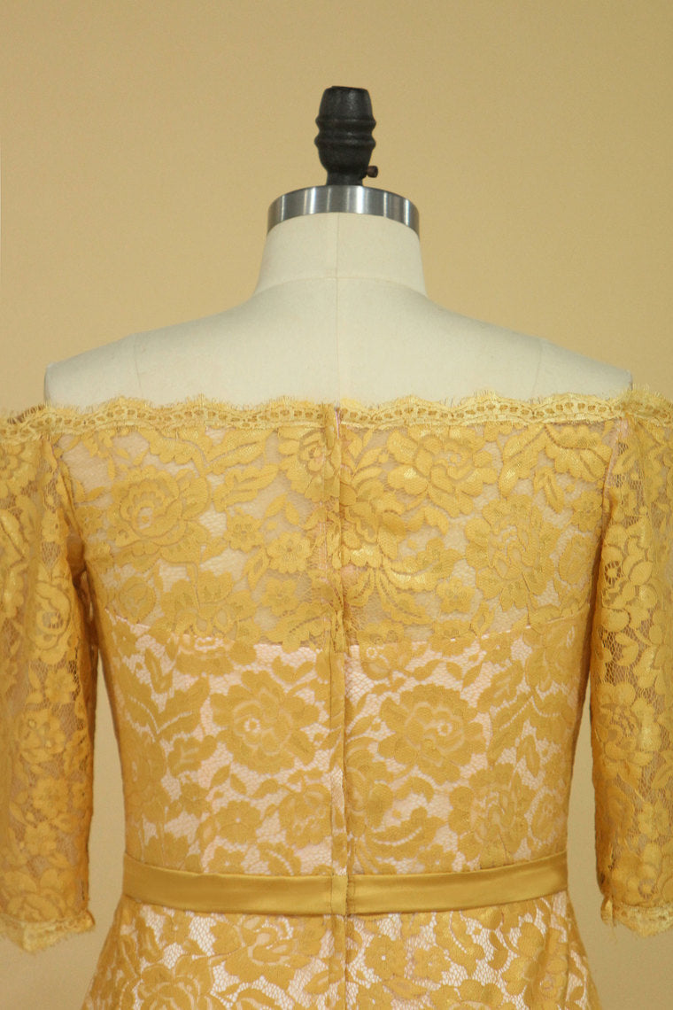 2022 Plus Size Gold Mother Of The Bride Dresses Boat Neck Half Sleeve Lace Sheath