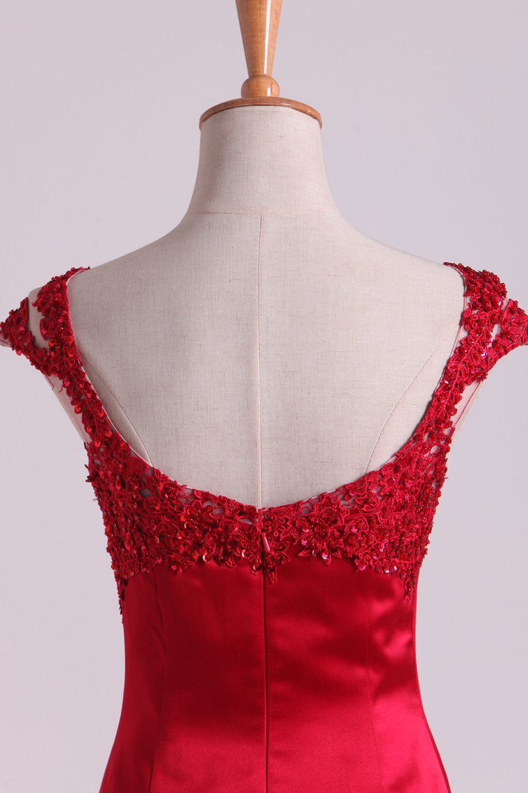 2022 Mermaid Prom Dresses Scoop Satin & Tulle Burgundy/Maroon With Beading Sweep Train