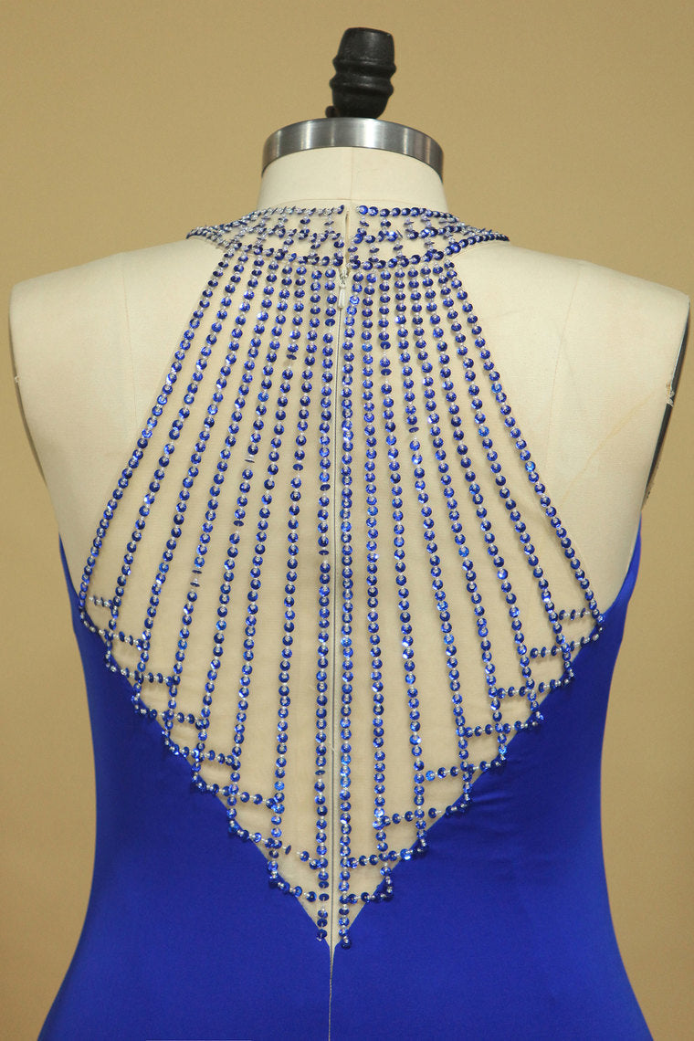2022 Dark Royal Blue Prom Dresses Sheath Scoop With Beading Sweep Train
