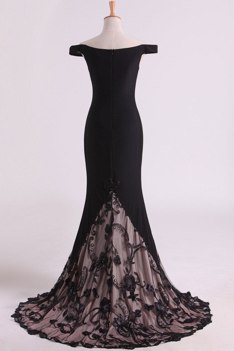 2022 Hot Black Prom Dresses Mermaid With Embroidery And Beads Sweep Train
