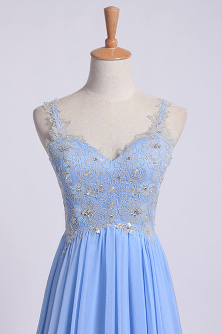 2022 Low Back Straps A Line Chiffon Prom Dress With Lace Bodice