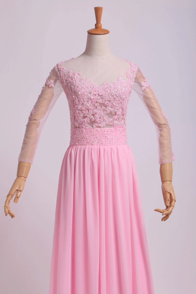 2022 Mid-Length SleeveScoop Prom Dresses  A-Line Floor-Length Chiffon With Applique And Bow-Knot