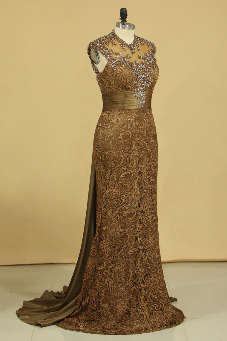 2022 Brown High Neck Evening Dresses Column With Beading Lace Sweep Train