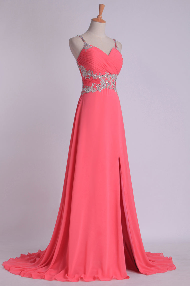 2022 Pleated Bodice Low Back Chiffon Sleeveless A Line Spaghetti Straps Prom Dress