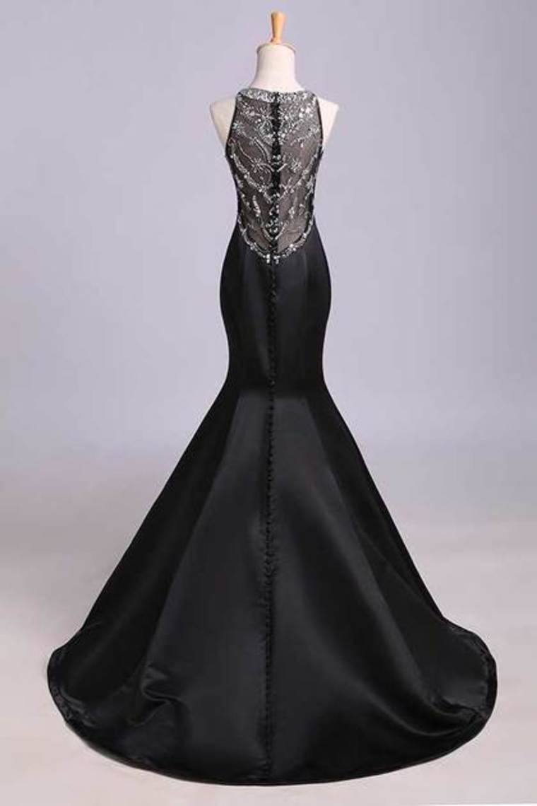 2022 Scoop Beaded Satin&Tulle Prom Dress Mermaid/Trumpet Black