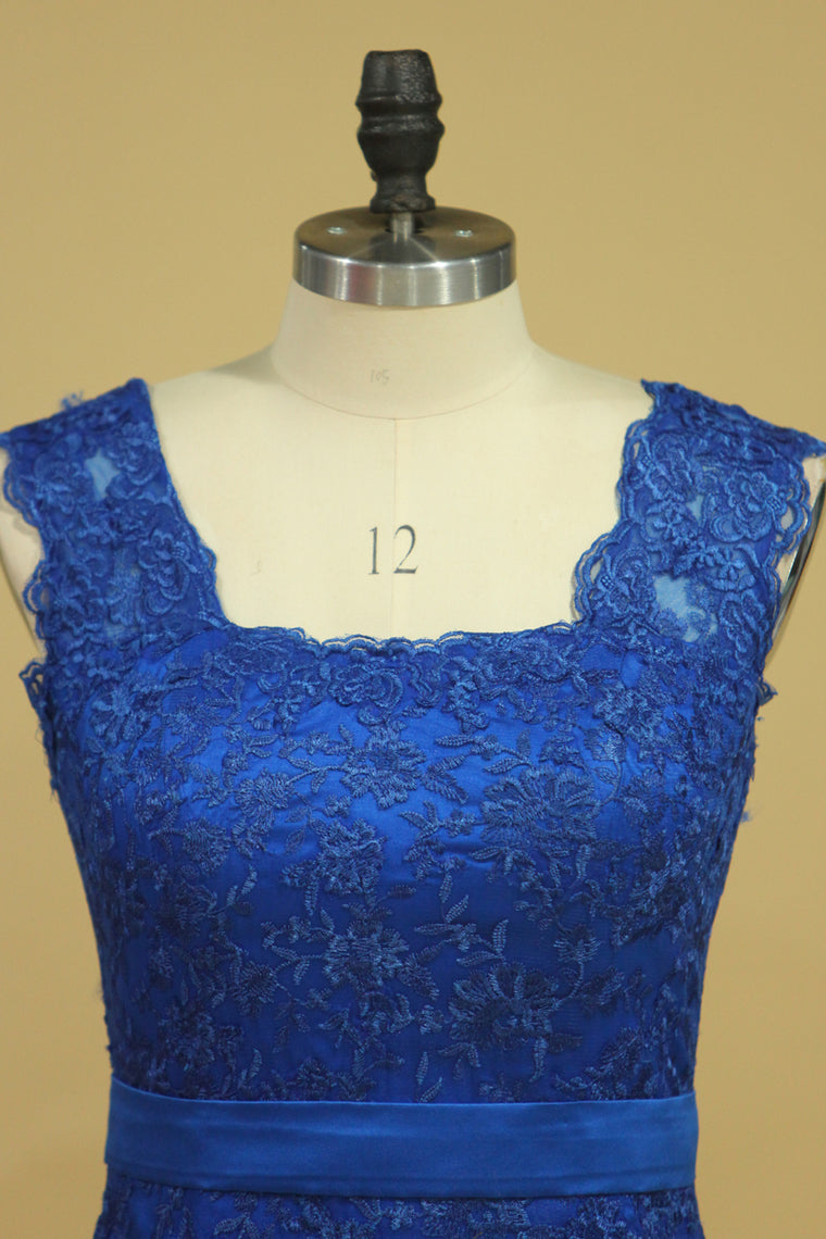 2022 Sheath/Column Evening Dresses Off The Shoulder Lace With Ribbon Dark Royal Blue