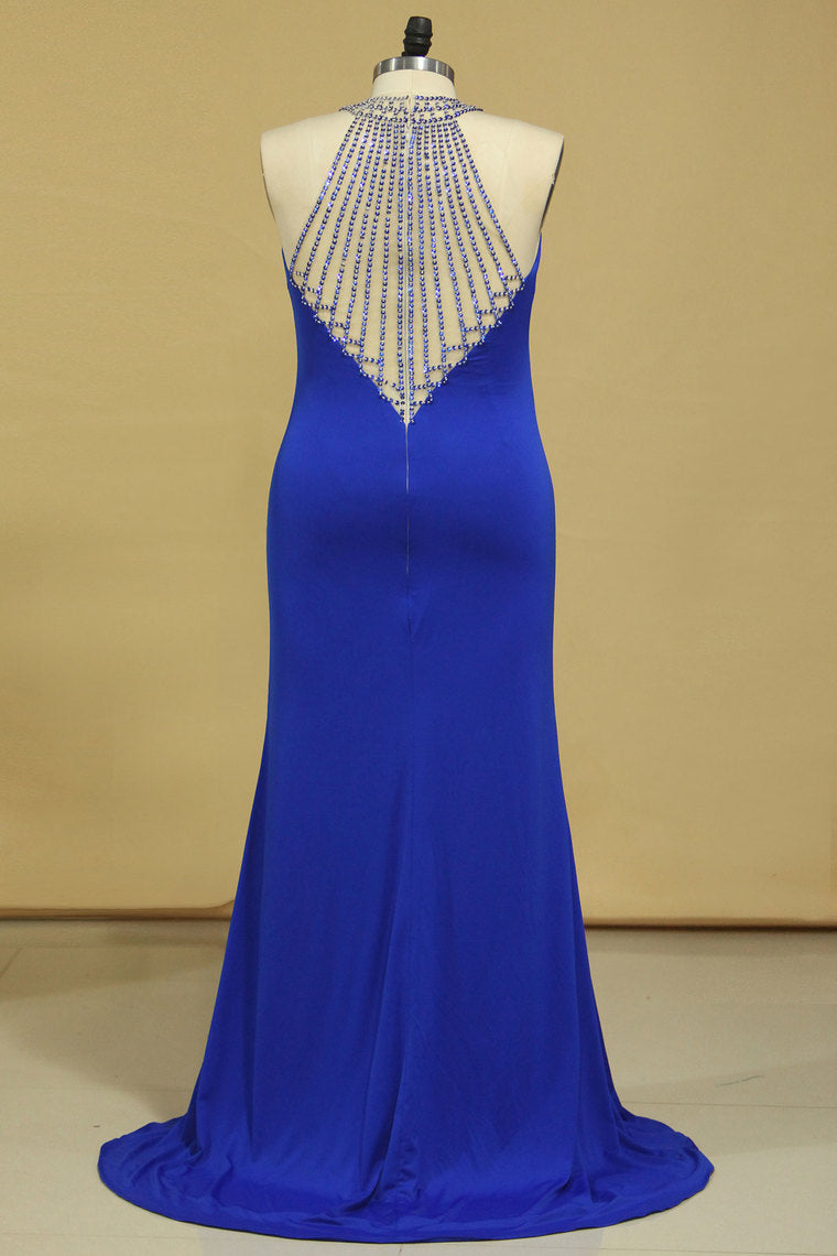 2022 Dark Royal Blue Prom Dresses Sheath Scoop With Beading Sweep Train