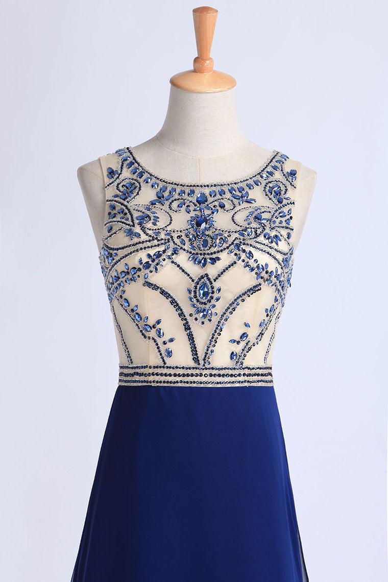 2022 Scoop A Line Full Length Red Prom Dress Beaded Tulle Bodice With Chiffon Skirt