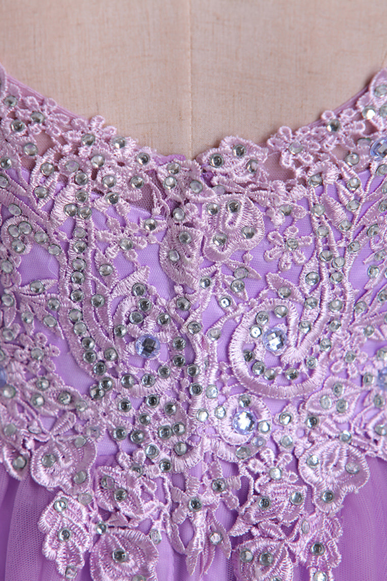 2022 V Neck A Line/Princess Prom Dress Tulle With Applique & Beads