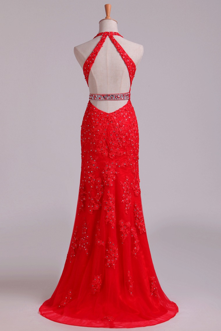 2022 Prom Dresses Column V Neck See-Through Tulle With Beading & Applique
