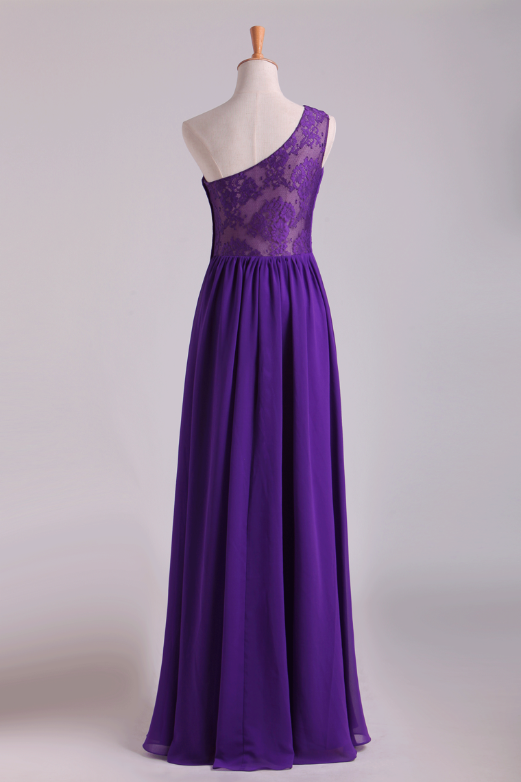 2022 One Shoulder Pleated Bodice Lace Back A Line Evening Dress Full Length Chiffon