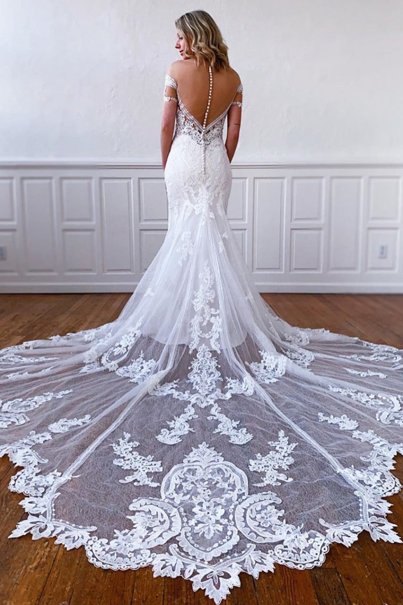 Laney | Mermaid Off-the-Shoulder Short Sleeves Long White Lace Bridal Dress