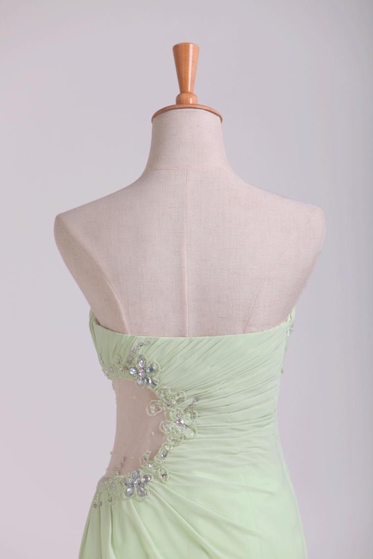 2022 Prom Dress Column Ruffled Bodice Beaded With Slit Floor Length