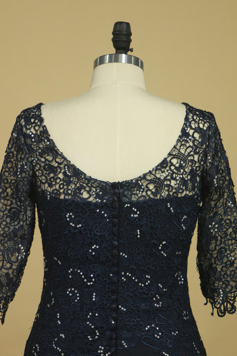2022 Mother Of The Bride Dresses Scoop 3/4 Length Sleeve Dark Navy Spandex & Lace With Beads