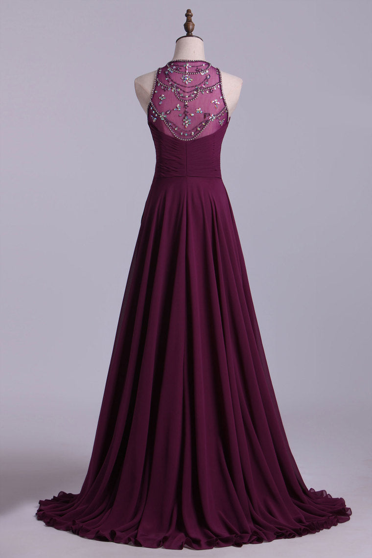 2022 Scoop A-Line Prom Dresses With Beads And Ruffles Chiffon