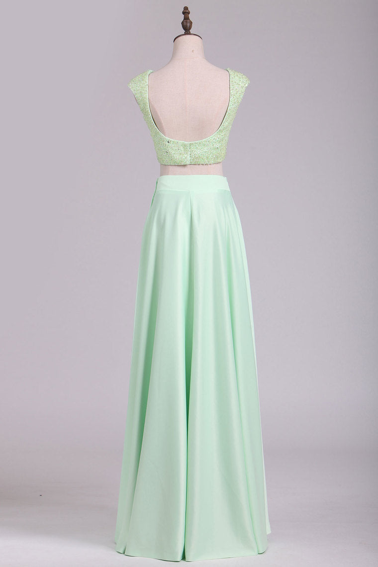 2022 Two Pieces Cap Sleeves A Line Prom Dresses Scoop Beaded Bodice Stretch Satin
