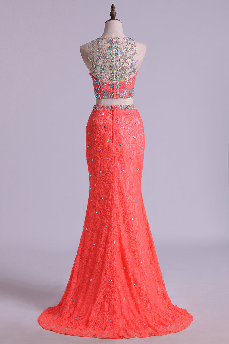 2022 Mermaid/Trumpet Prom Dresses Two Pieces Scoop Lace With Beading