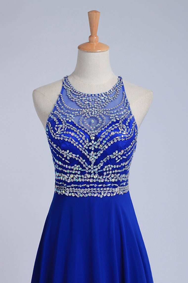 2022 Halter A-Line/Princess Dark Royal Blue Prom Dresses Tulle And Chiffon Sweep Train