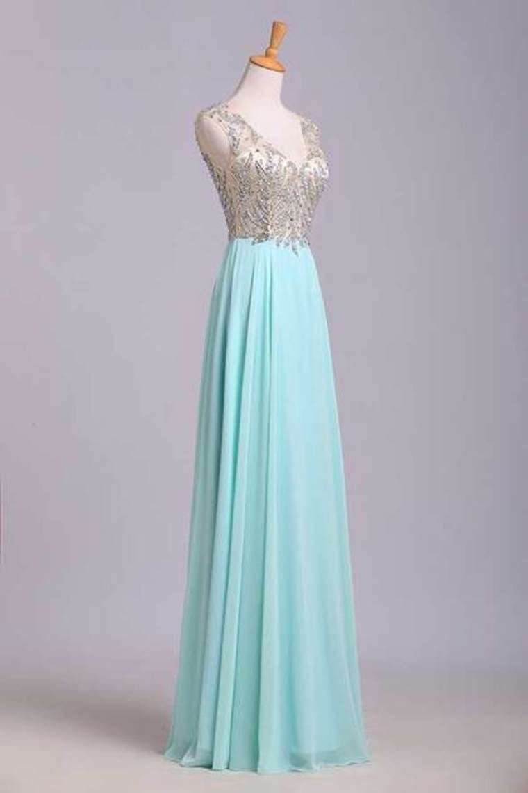 2022 V Neck Prom Dresses A Line Beaded Bodice Sweep Train Chiffon And Tulle