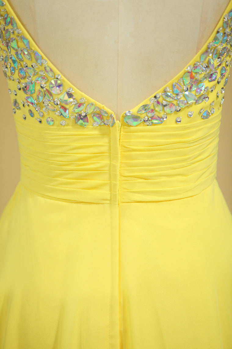 2022 Prom Dress Spaghetti Straps Rhinestone Beaded Bodice Runched Waistband With Flowing Chiffon Skirt