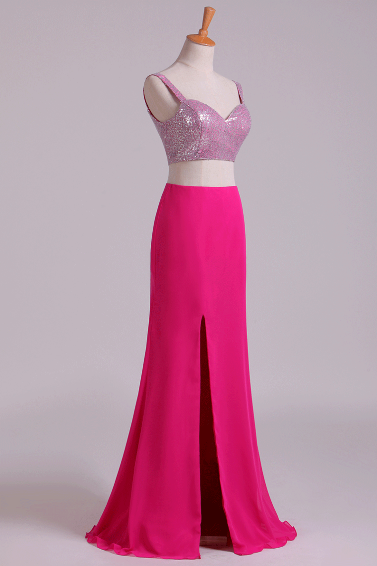 2022 Two Pieces Prom Dresses Spaghetti Straps Sheath With Slit & Beading Chiffon