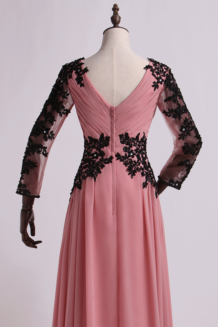2022 V Neck Prom Dresses A Line Floor Length Chiffon With Applique