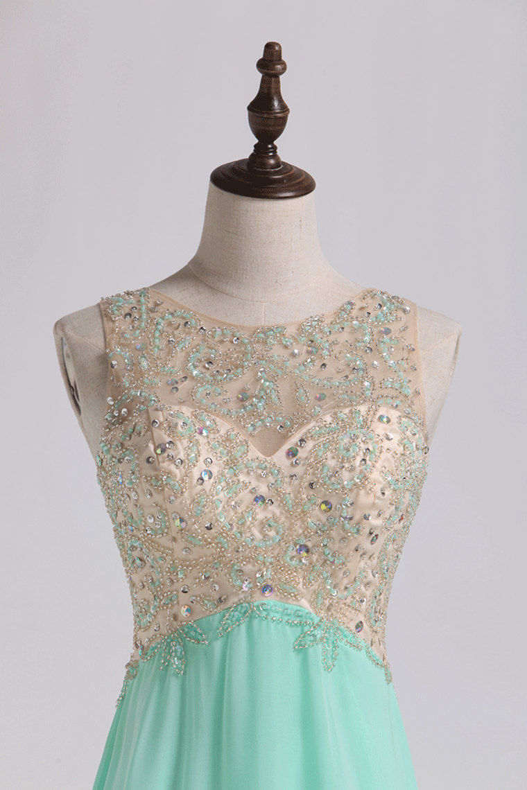 2022 Prom Dresses A Line Scoop Sweep Train Chiffon