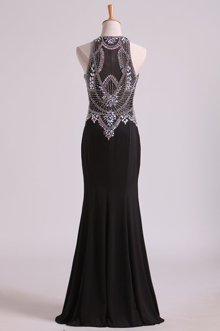 2022 Black Prom Dresses Scoop Beaded Bodice Floor Length Spandex Sheath