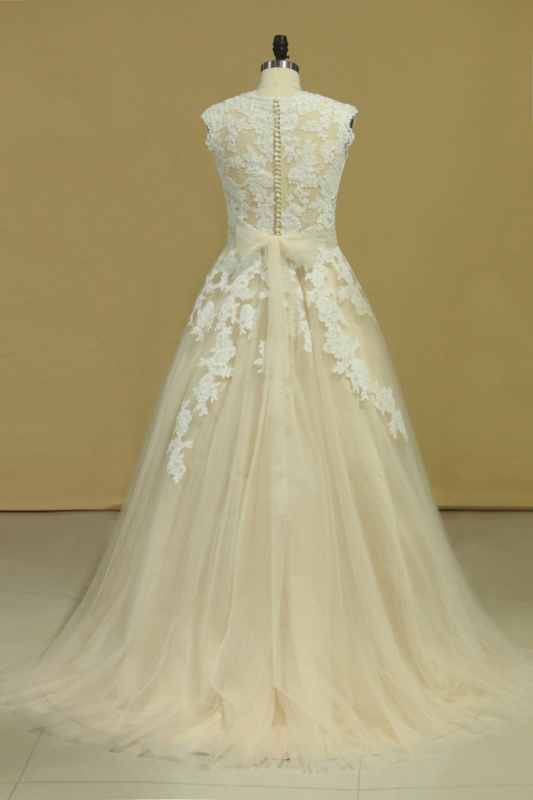 2022 Plus Size V Neck Wedding Dresses Tulle With Applique Court Train Tulle