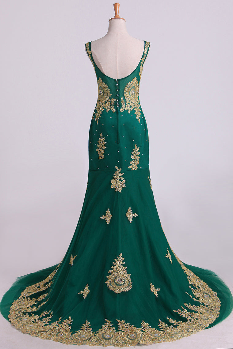 2022 Mermaid Prom Dresses Scoop Sweep/Brush Tulle With Gold Applique