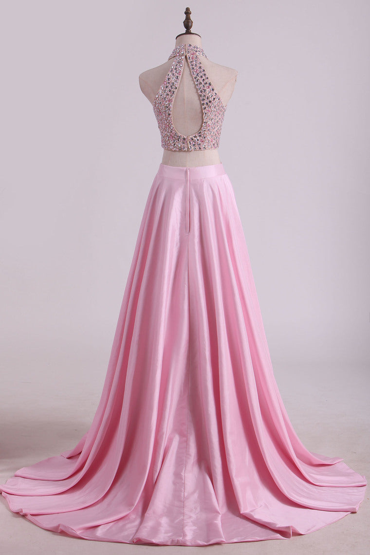 2022 Two-Piece High-Neck Beaded Bodice Taffeta Prom Dresses