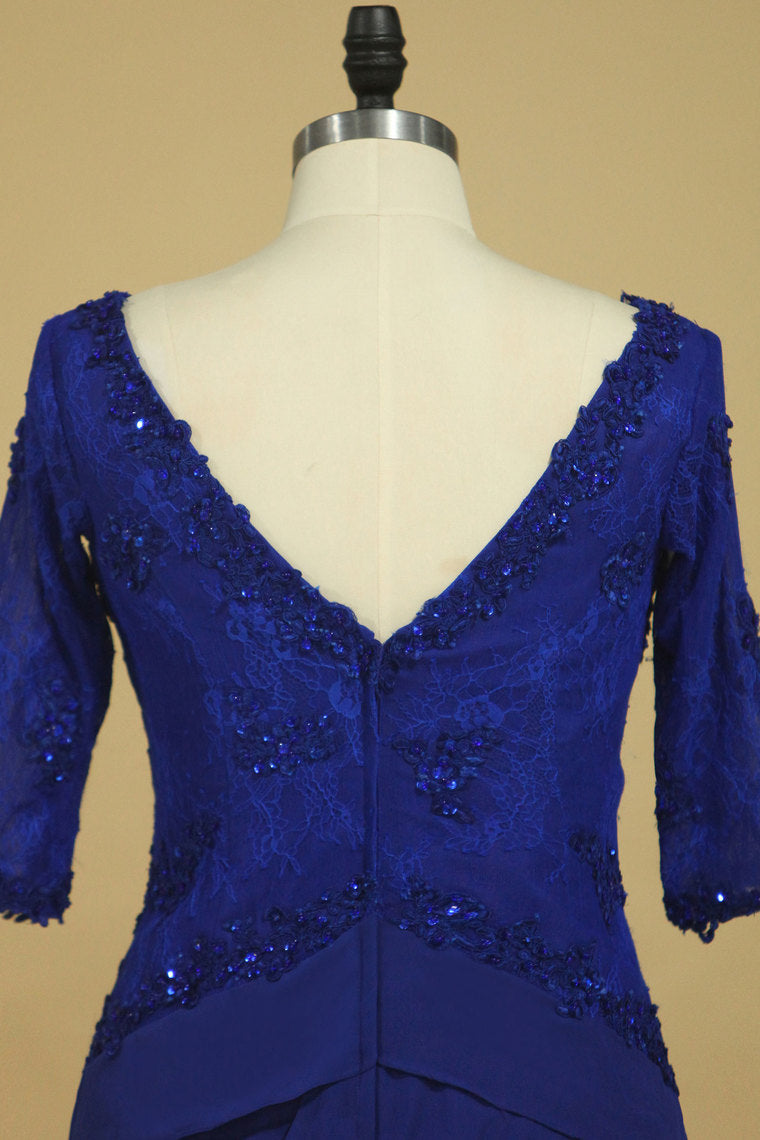 2022 Dark Royal Blue Mother Of The Bride Dresses Chiffon V Neck With 3/4 Length Sleeves