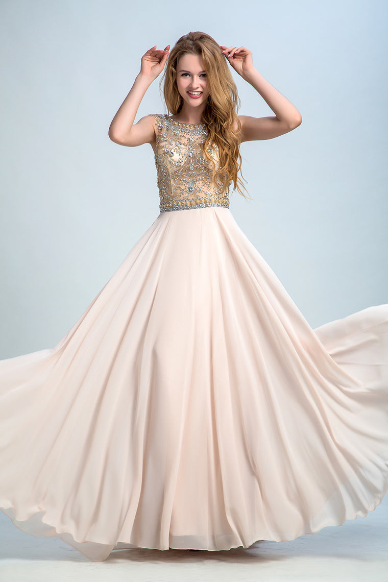 2022 Prom Dresses A-Line Scoop Beaded Bodice Floor-Length Chiffon Zipper Back