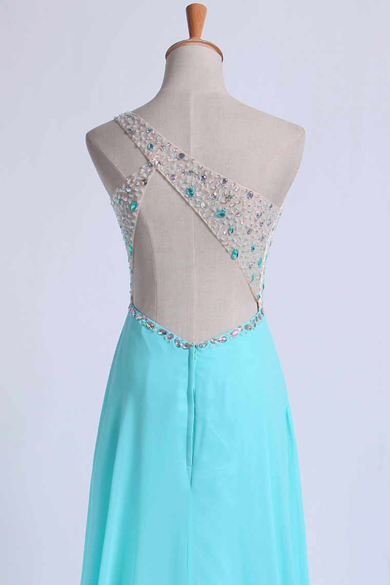 2022 One Shoulder Prom Dresses A Line With Beading Tulle And Chiffon Sweep Train