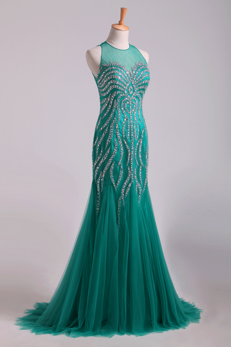 2022 Scoop Mermaid Tulle Prom Dresses Fully Beaded Bodice Sweep Train