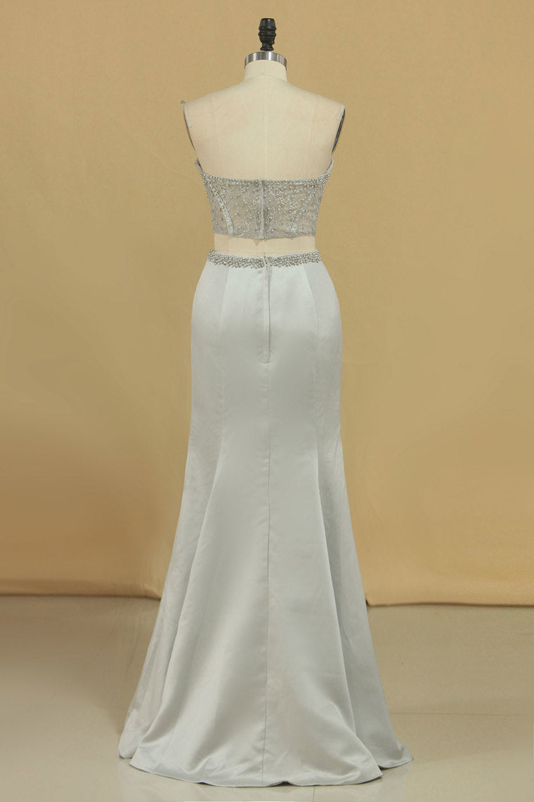 2022 Satin Floor Length Two-Piece Prom Dresses Sweetheart Beaded Bodice Mermaid