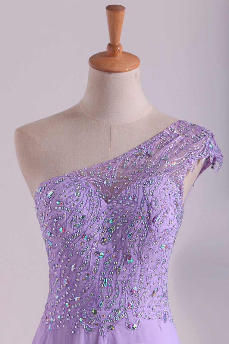 2022 One Shoulder A Line Prom Dress Beaded Tulle And Chiffon Sweep Train