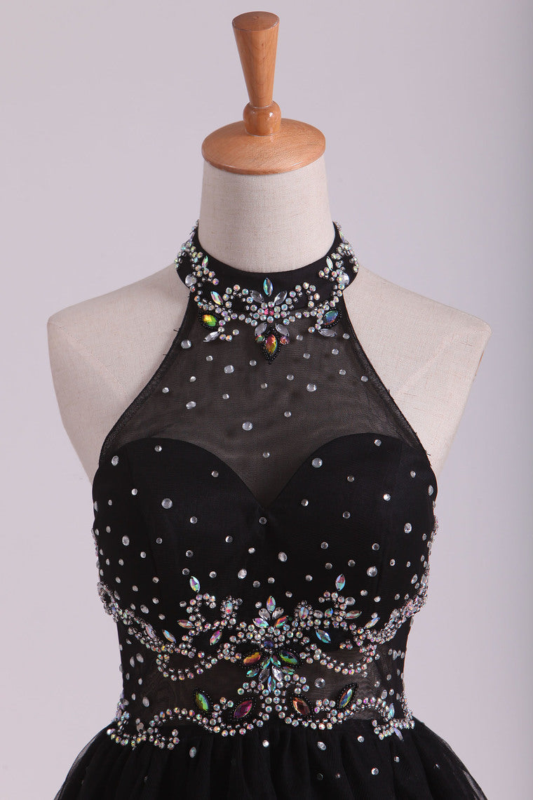 2022 High Neck A Line Open Back Tulle With Beads Homecoming Dresses