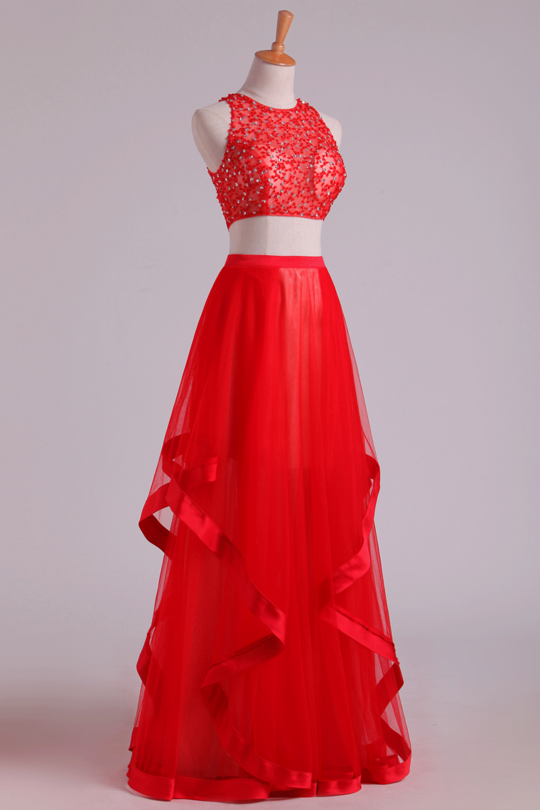 2022 Two Pieces Scoop Prom Dresses A Line Tulle Sweep Train See-Through