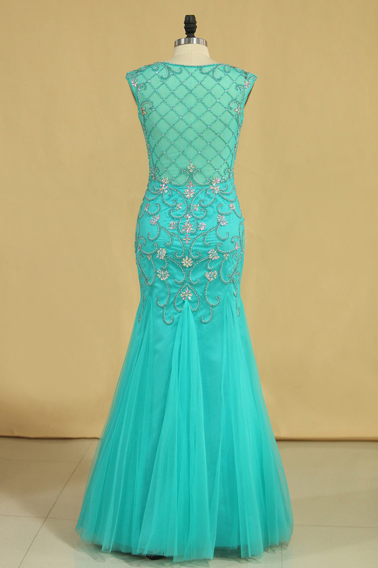 2022 Plus Size Scoop Mermaid Prom Dresses Beaded Bodice Tulle Floor Length