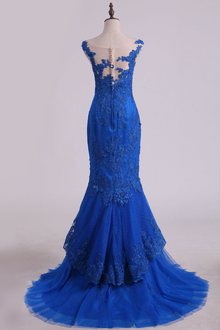 2022 Mermaid Evening Dresses Bateau Sweep Train With Applique Tulle