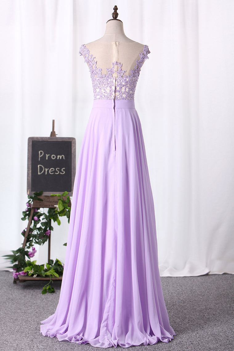 2022 Scoop Cap Sleeves Prom Dresses Chiffon With Applique Floor Length
