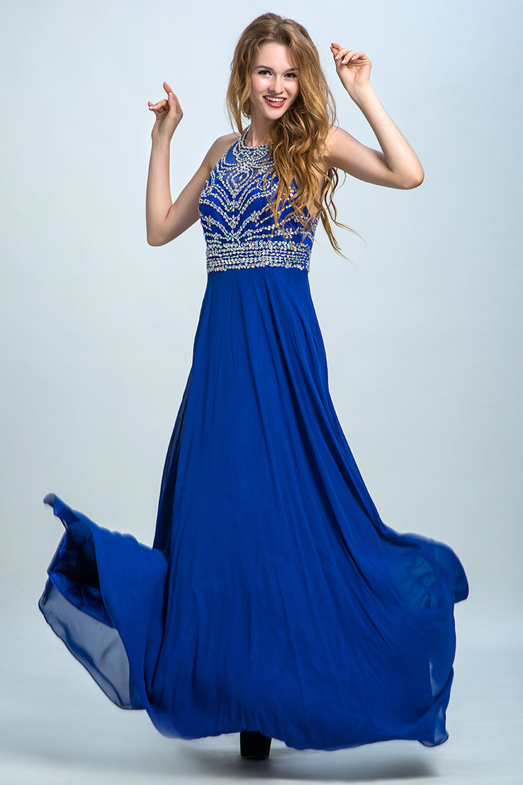 2022 Halter A-Line/Princess Prom Dresses Tulle And Chiffon Dark Royal Blue Sweep Train