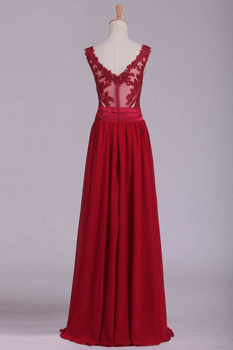 2022 Burgundy V-Neck Prom Dresses A Line Chiffon With Applique