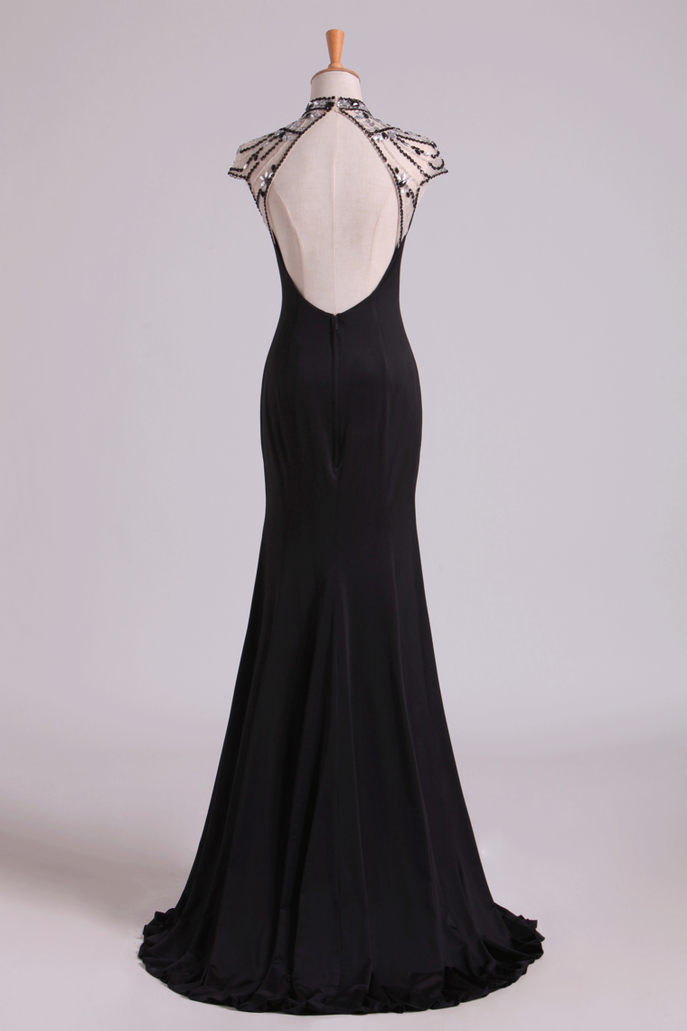 2022 New High Neck Sheath Prom Dresses Spandex With Beading & Slit