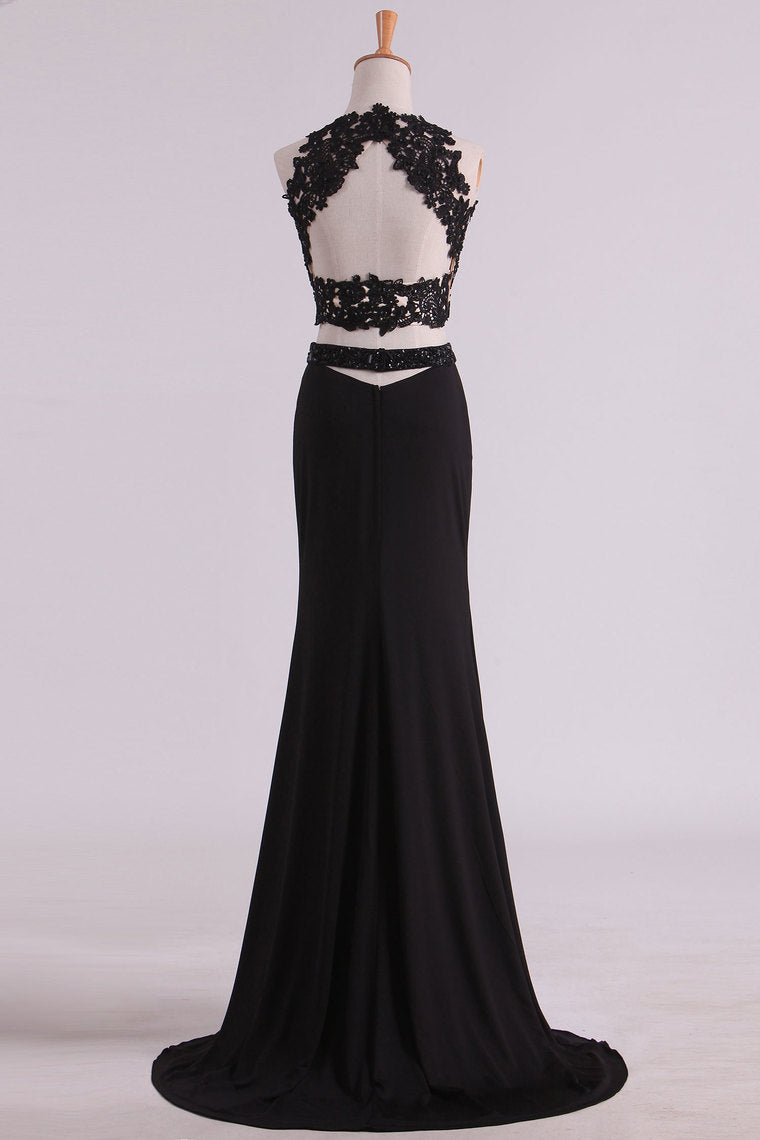 2022 Black Two-Piece Scoop Open Back Prom Dresses Sheath Spandex