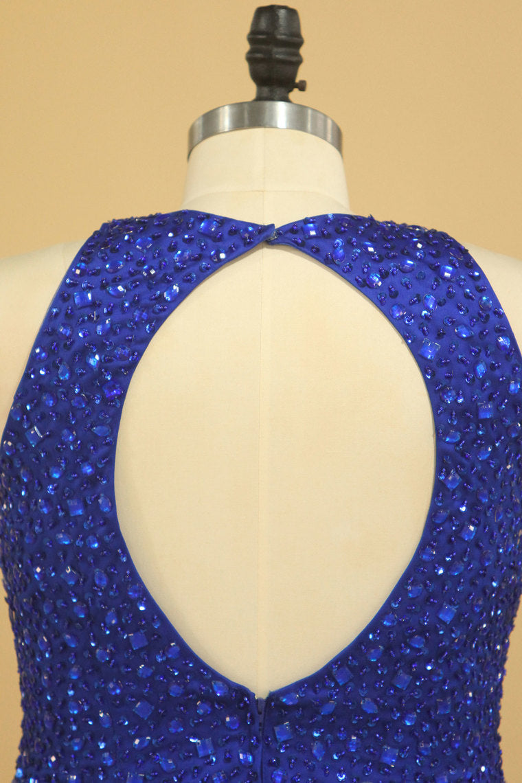 2022 Floor Length Prom Dresses Scoop Beaded Bodice Mermaid Tulle Dark Royal Blue