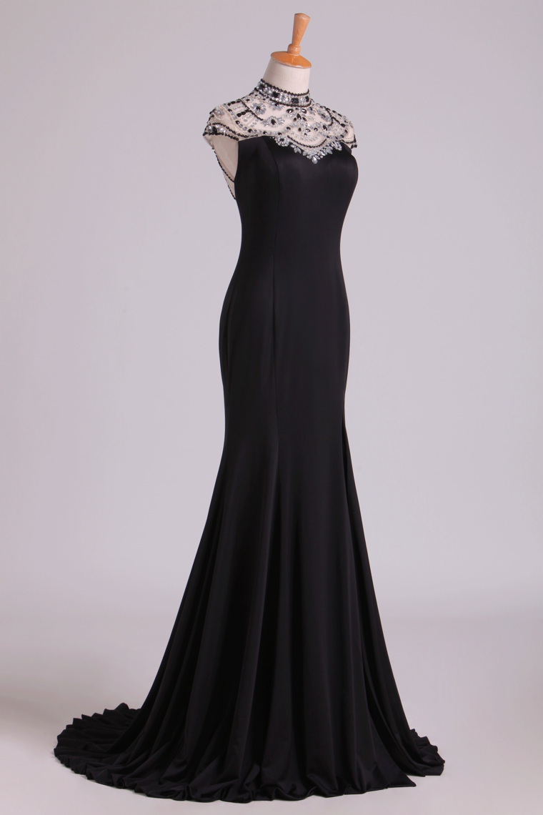 2022 New High Neck Sheath Prom Dresses Spandex With Beading & Slit