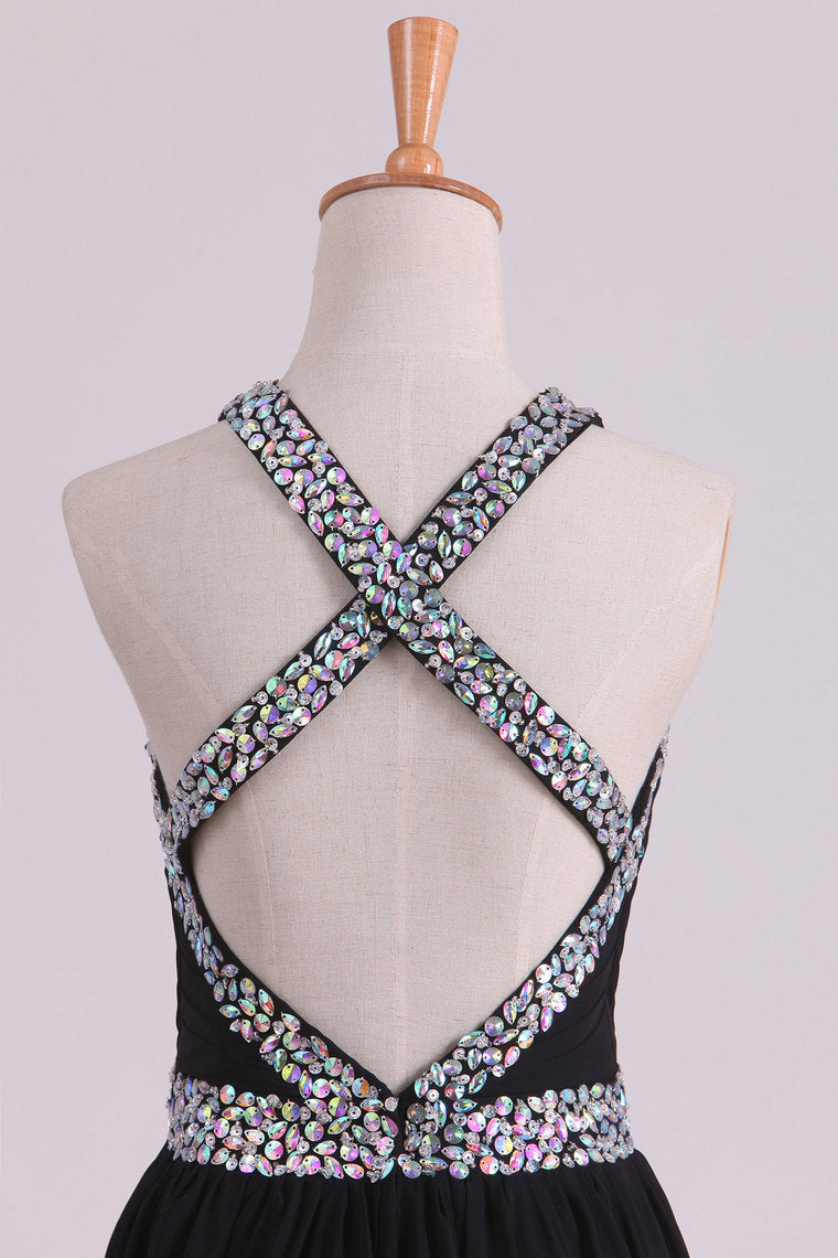 2022 Black Prom Dresses A Line Chiffon With Beads And Slit Cross Back
